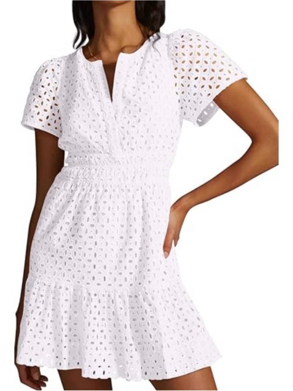 NWT Quince Organic Cotton Eyelet Mini Tiered Dress White Size Large